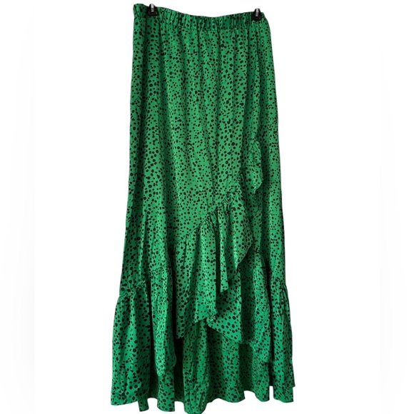 Scoop Printed Hi-Low Maxi Emerald Green Dalmatian Dot “Satin” Faux Wrap Skirt - Picture 1 of 6